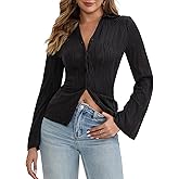 MISMI Womens Fitted Button Down Shirts V Neck Collared Bell Long Sleeve Shirt Casual Fall Fashion Ladies Tops