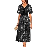 GRACE KARIN Women's Sequin V Neck Ruffle Sleeve Empire Waist Sparkly Glitter A Line Cocktail Formal Dresses