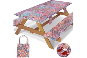Jobunai Picnic Table Cover with Bench Covers Fitted Wrinkle Free Camping Table Cloths Hiking Glamping Supplies Travel Trailers Cooking Essential Holiday Festival Decor Gifts for Adult Who Want Nothing