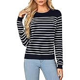 Vrtige Women's Casual Striped Crewneck Long Sleeve Lightweight Ribbed Knit Pullover Sweater Top