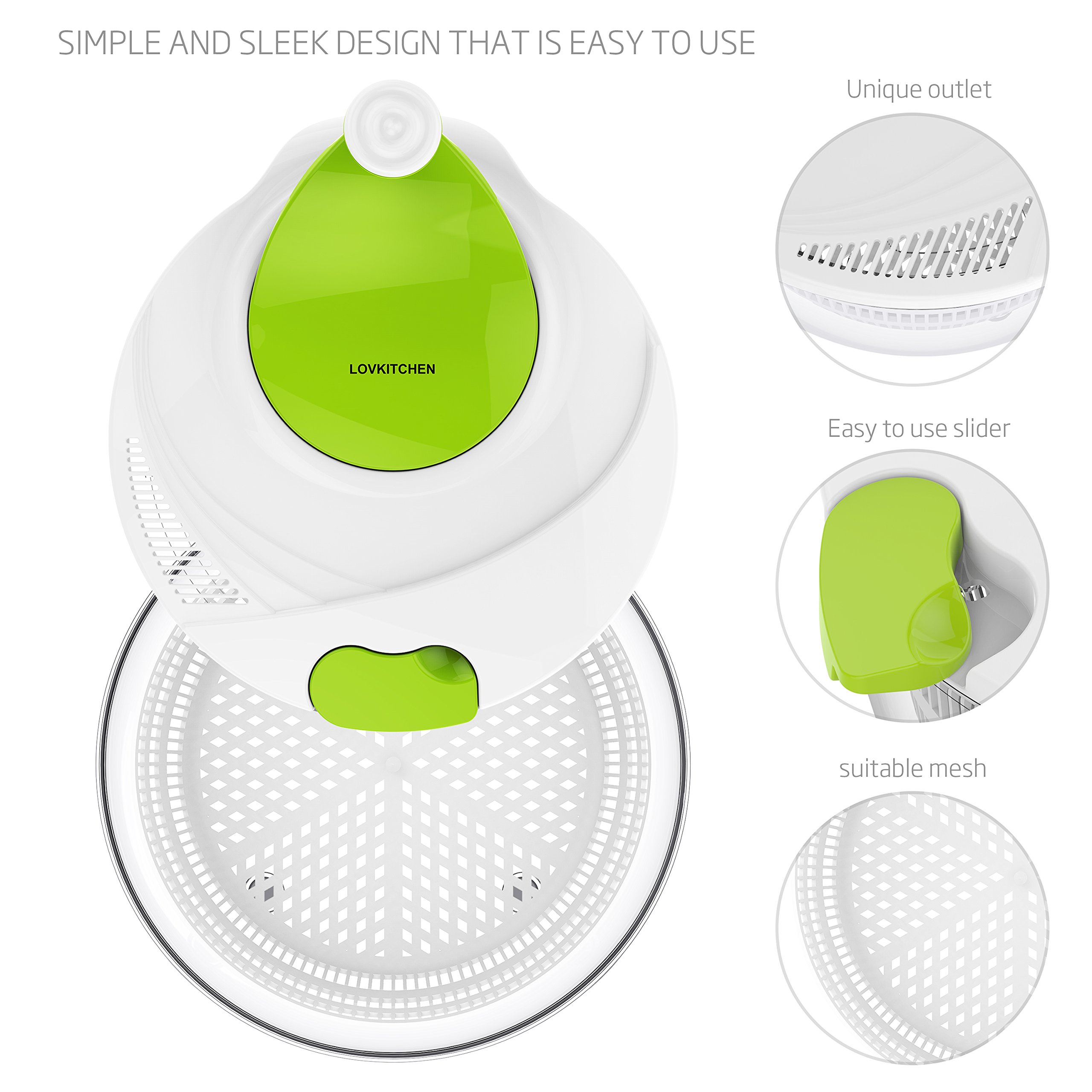 Salad Spinner LOVKITCHEN Large 4 Quarts Fruits and Vegetables Dryer Quick Dry Design BPA Free Dry Off & Drain Lettuce and Vegetable with Ease for Tastier Salads and Faster Food Prep