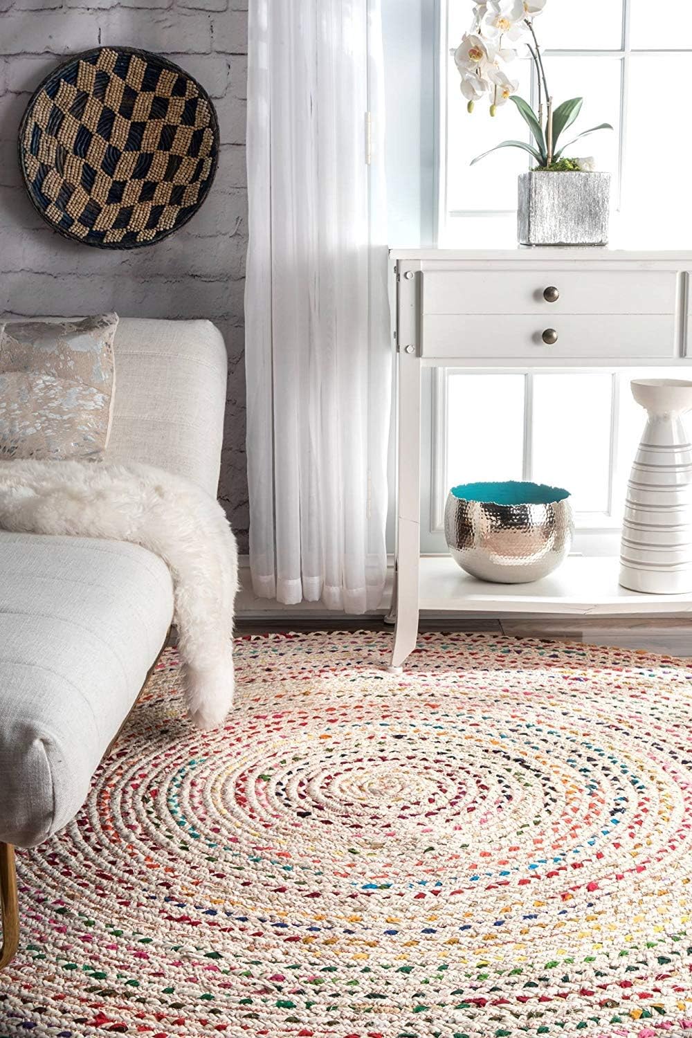 icrafty hand braided round multicolor living room area rug (Cotton White base, 90x90 cm)