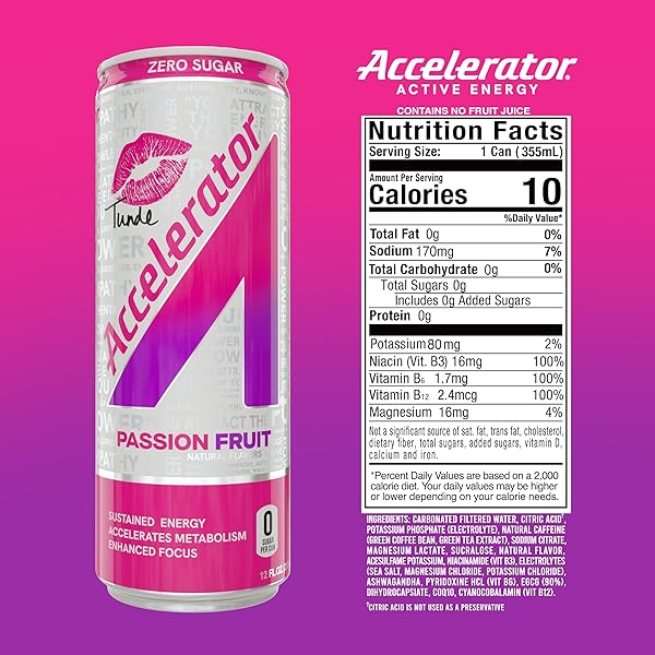 ACCELERATOR ACTIVE ENERGY DRINK SUGAR FREE ZERO CARBS, PASSION FRUIT TUNDE 12OZ CAN(12 PACK) ENHANCED FOCUS & SUSTAINED ENERGY FROM 100% NATURAL CAFFEINE (200MG), ASHWAGANDHA, COQ10 & GREEN TEA EXTRACT