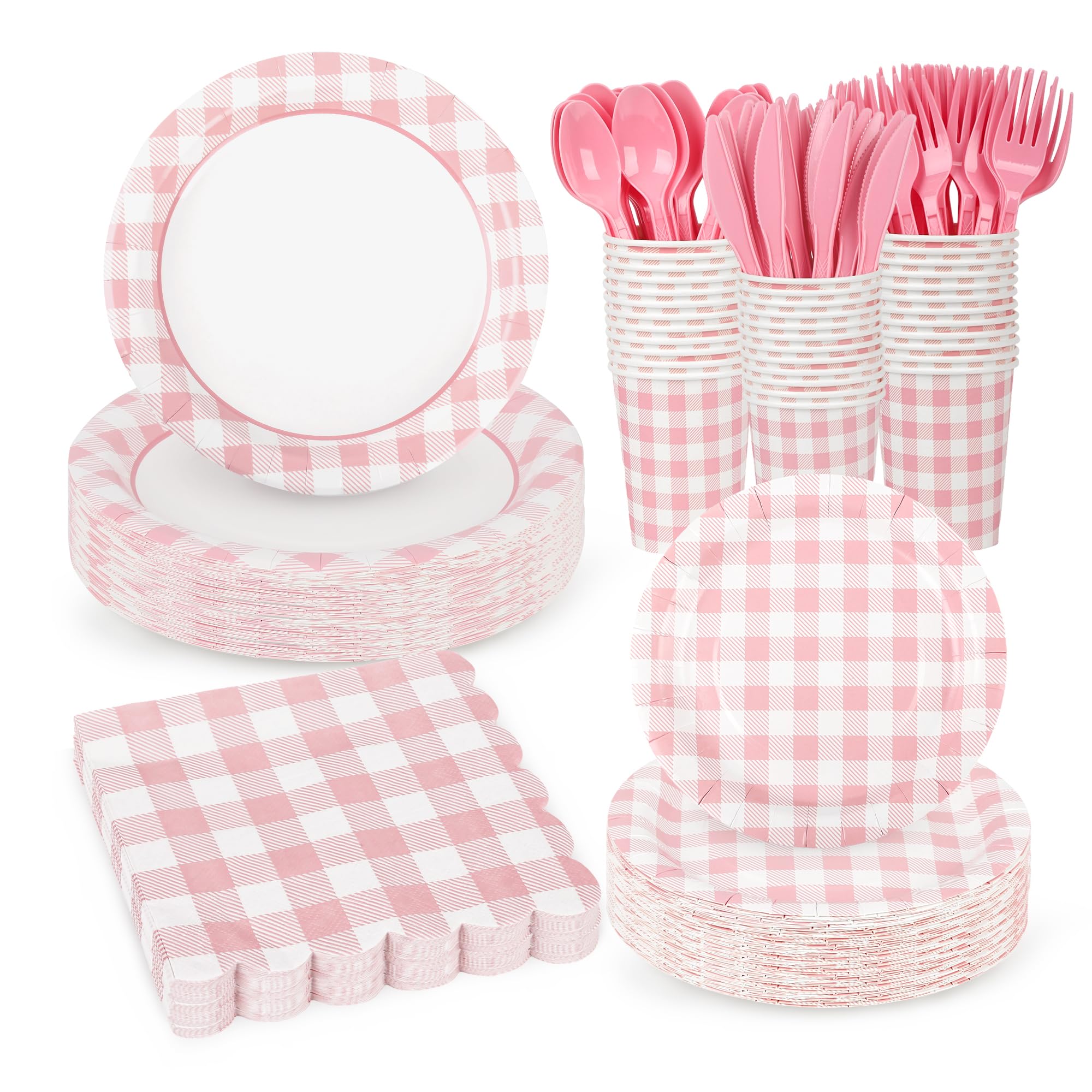 Photo 1 of 175Pcs Pink Gingham Party Supplies Pink Gingham Paper Plates and Napkins Cups Checkered Plates Disposable LightPink and White Plaid Party Decor for Birthday Family Fall Picnic BBQ,Serves 25 Guests