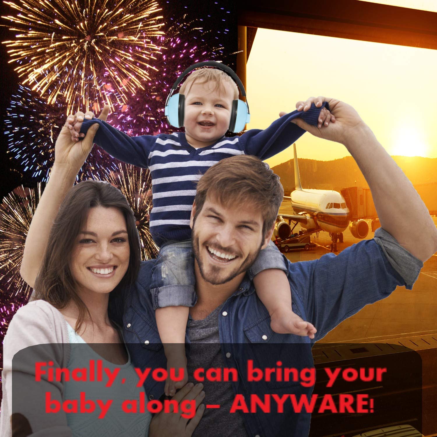 Noise Cancelling Baby Ear Protection Baby Earmuffs ~ Protect Infants and Kids Hearing with Safe, Sound Proof Ear Muffs ~ Comfort Fit + Bonus Travel Bag and Stickers by ROMS Baby (Blue)