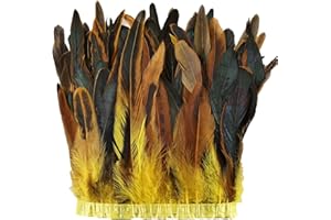 PINKFEATHER Rooster Fringe Trim,8-10 in 2 Yards Natural Rooster Hackle Feather Trim for Crafts Sewing Costume (Yellow)
