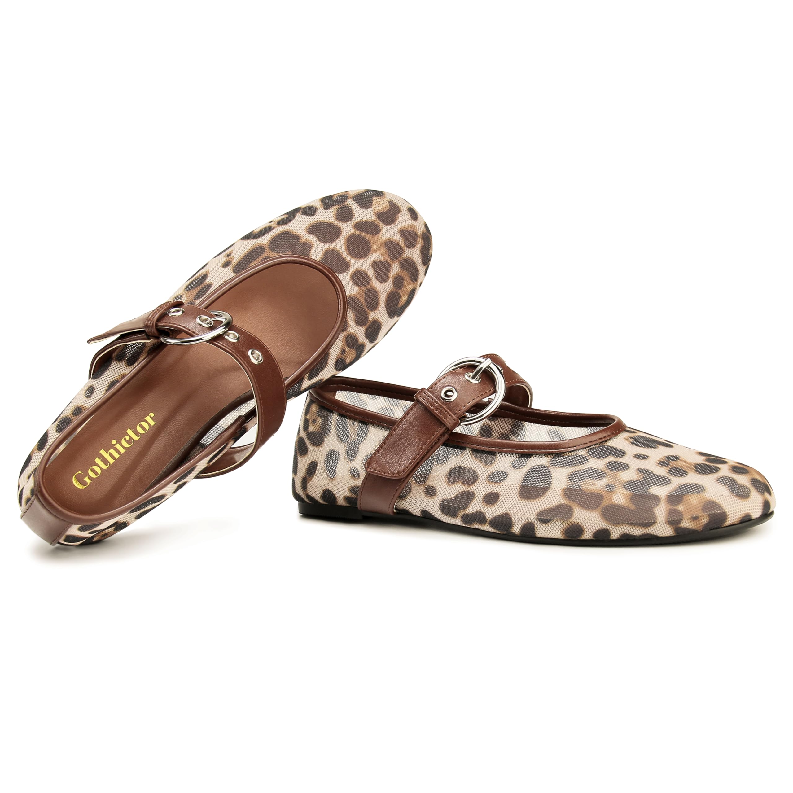 Gothictor Leopard Flats for Women Mesh Flats Ballet Flats Mary Jane Flats Women's Dress Shoes Ballet Shoes