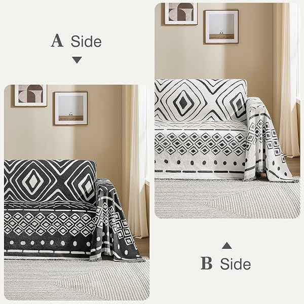 MAYMISS BOHO COUCH COVER FOR DOGS WASHABLE CHENILLE SOFA COVERS REVERSIBLE SOFA SLIPCOVER PET FRIENDLY FOR SECTIONAL SOFA, 2 OR 3 CUSHION COUCH (BOHO1 BLACK, 71″ X 150″)