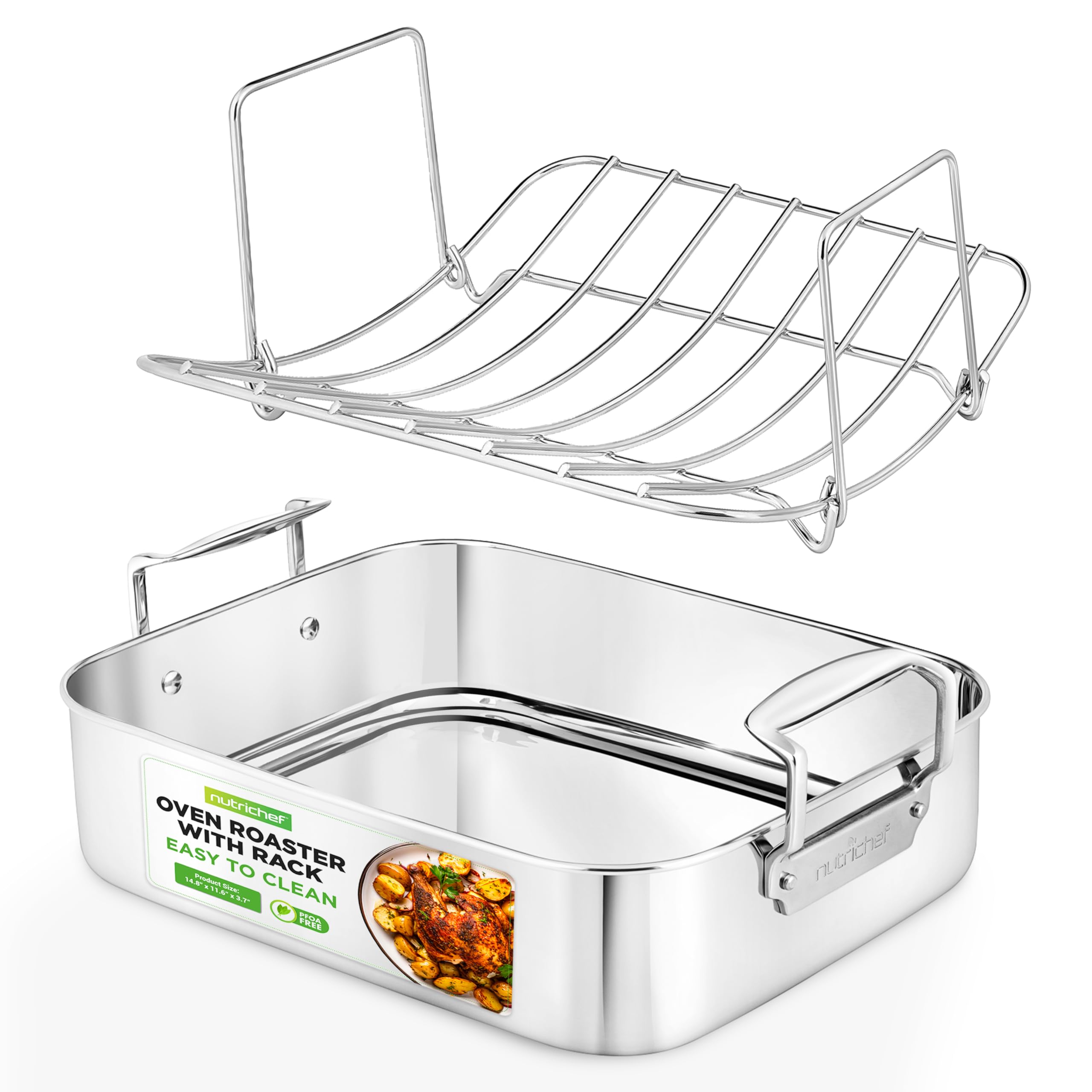 NutriChef 14-Inch Stainless Steel Kitchen Roasting Pan with Polished Wire Rack – Versatile Baking Set for Turkey, Chicken, Meats, & More – Premium & Heavy Duty Roaster for Oven w/ Built-In Handles
