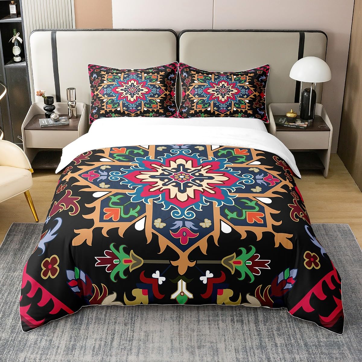 Pure Cotton Luxury Baroque Comforter Cover,Baroque Demask Bedding Set Red Black White Vintage Floral Duvet Cover for Kids Teens Adults Classic Stylish Soft Breathable Bedspread Cover,Super King