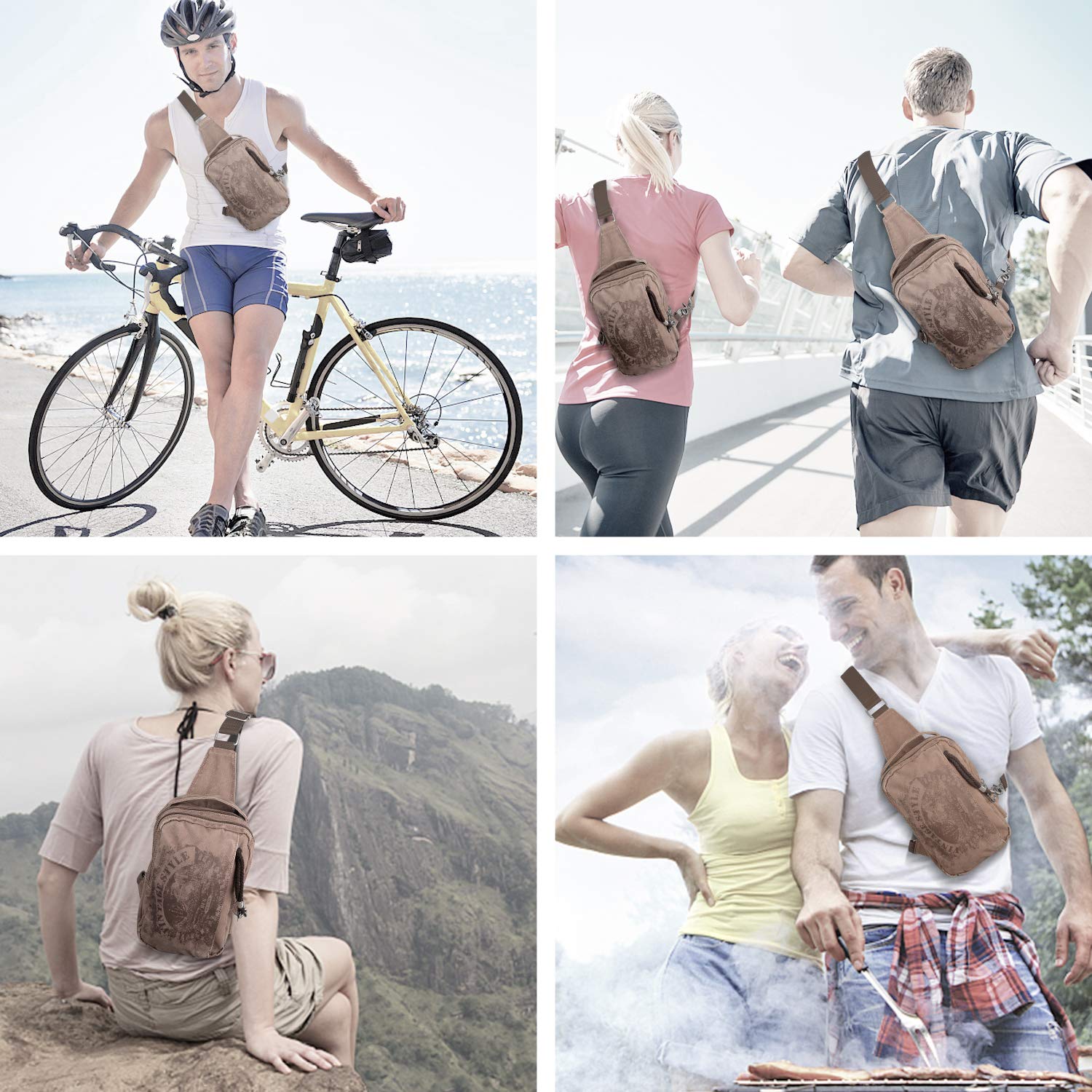 Sling Backpack Anti-Theft Canvas Bag One Strap Crossbody Shoulder Travel Sport Hiking Daypacks for Men Women USB Charging Port(Khaki)