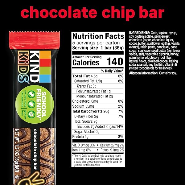 KIND KIDS SNACKS, CHOCOLATE CHIP BAR, TREE NUT AND PEANUT FREE, GLUTEN FREE, WHOLE GRAINS AND OATS, 5G PROTEIN, 5 COUNT