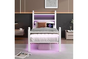 CLIBFENG Twin Bed Frame with Headboard and Footboard,Steel Slats Support-LED Bed Frame with USB Charging Station,Mattress Foundation-Under Bed Storage,No Box Spring Needed,Noise Free,White