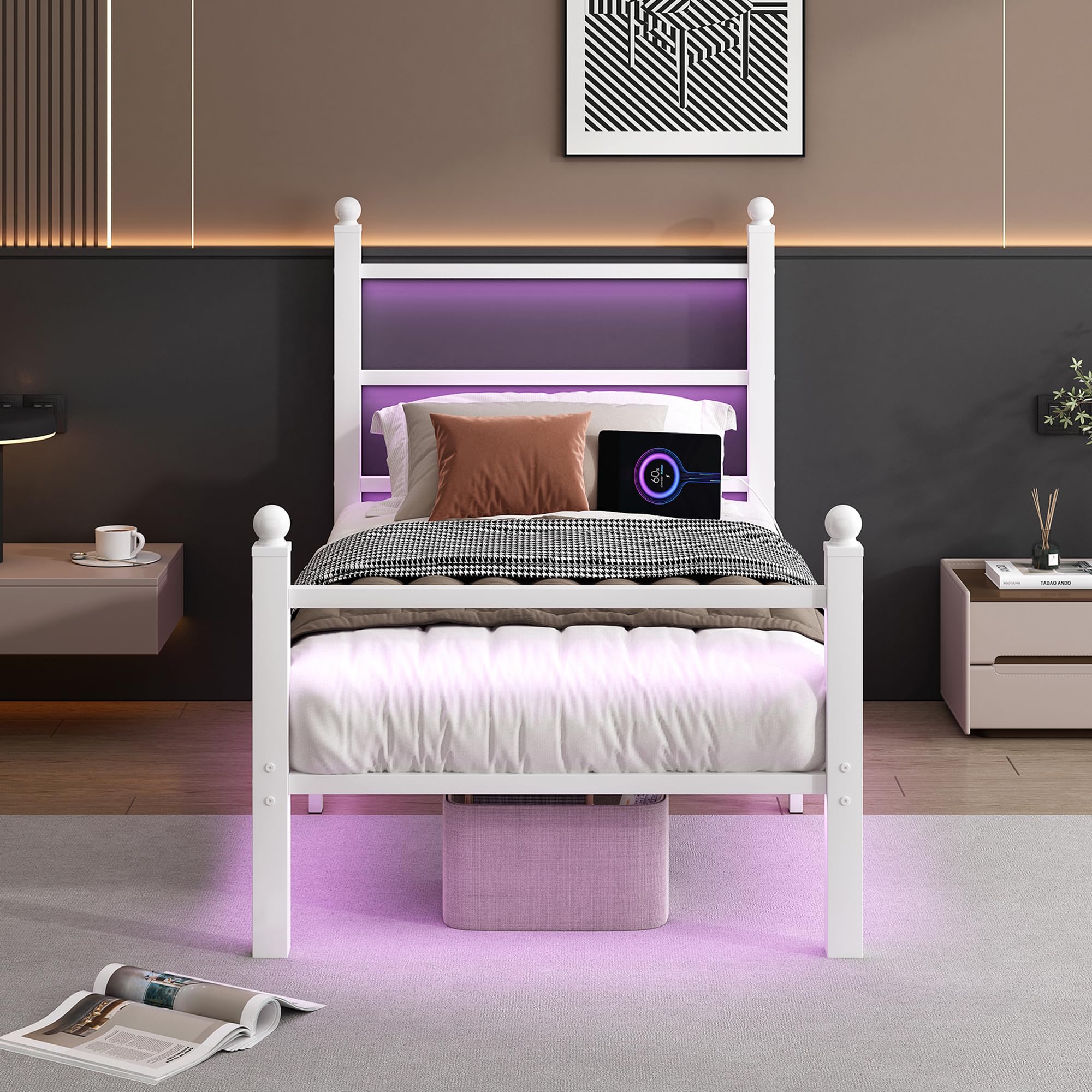 Photo 1 of CLIBFENG Twin Bed Frame with Headboard and Footboard,Steel Slats Support-LED Bed Frame with USB Charging Station,Mattress Foundation-Under Bed Storage,No Box Spring Needed,Noise Free,White