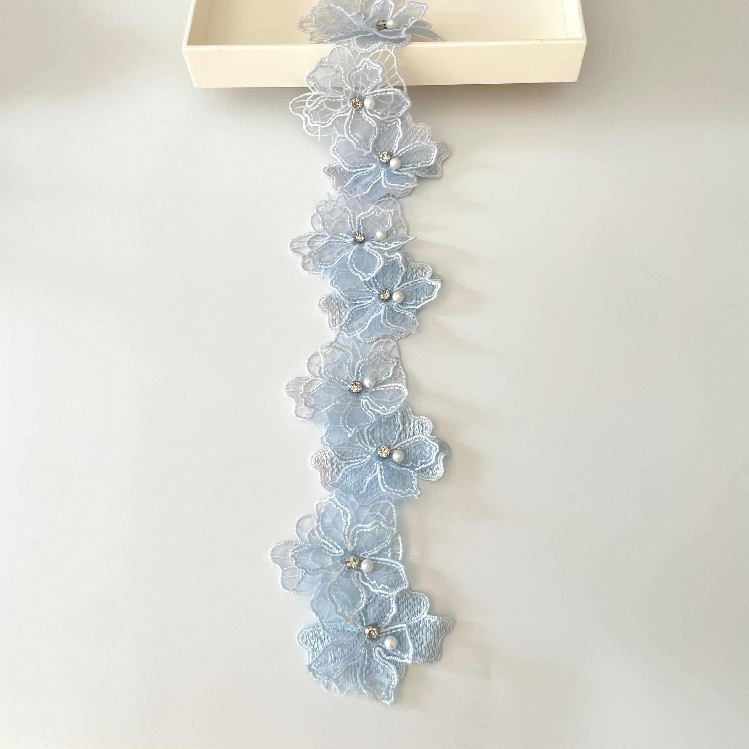 Photo 1 of 2 Yards 3D Pearl Beads Flower Lace Trim Ribbon Floral Applique Embroidered Lace Fabric for Sewing DIY Crafts (Blue)