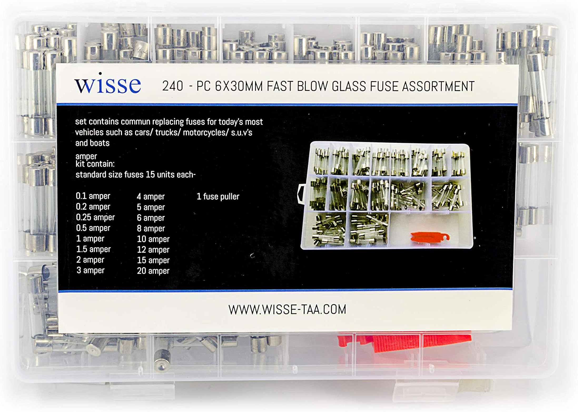 WISSE Glass Fuse - Replacement Fuse for Car Truck Motorcycles SUV Boats | 0.1A 0.2A 2.5A 0.5A 1A 1.5A 2A 3A 4A 5A 6A 8A 10A 12A 15A 20A -Each 15 Piece Puller 1 Pc (240PC 6x30mm Fast Blow Glass Fuse)