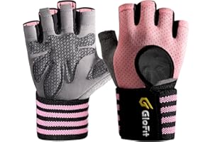 Glofit Workout Gloves with Wrist Wrap Support for Men & Women, Weight Lifting Gloves Anti-Slip Padded Palm Fingerless Exercise Glove for Powerlifting, Gym, Training