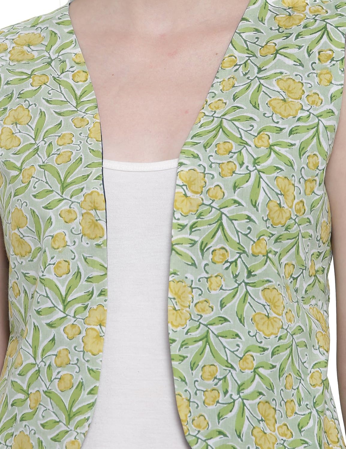 soochirang women's hand block printed reversible sleeveless pure cotton short waist coat