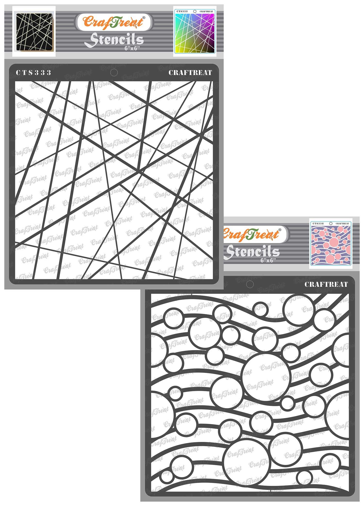 CrafTreat Reusable Geometric Stencils for Painting on Wood, Wall, Tile, Canvas, Paper, Fabric and Floor - Asymmetrical Lines and Circles on Waves - 2 Pcs - 6x6 Inch Each - DIY Craft Stencils