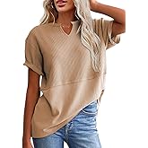 SHEWIN Womens Casual V Neck Waffle Knit Tops Short Sleeve T Shirts Loose Blouses