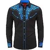 DIFICIL SLOG Men's Western Cowboy Shirt Embroidered Long Sleeve Casual Button Down Shirt