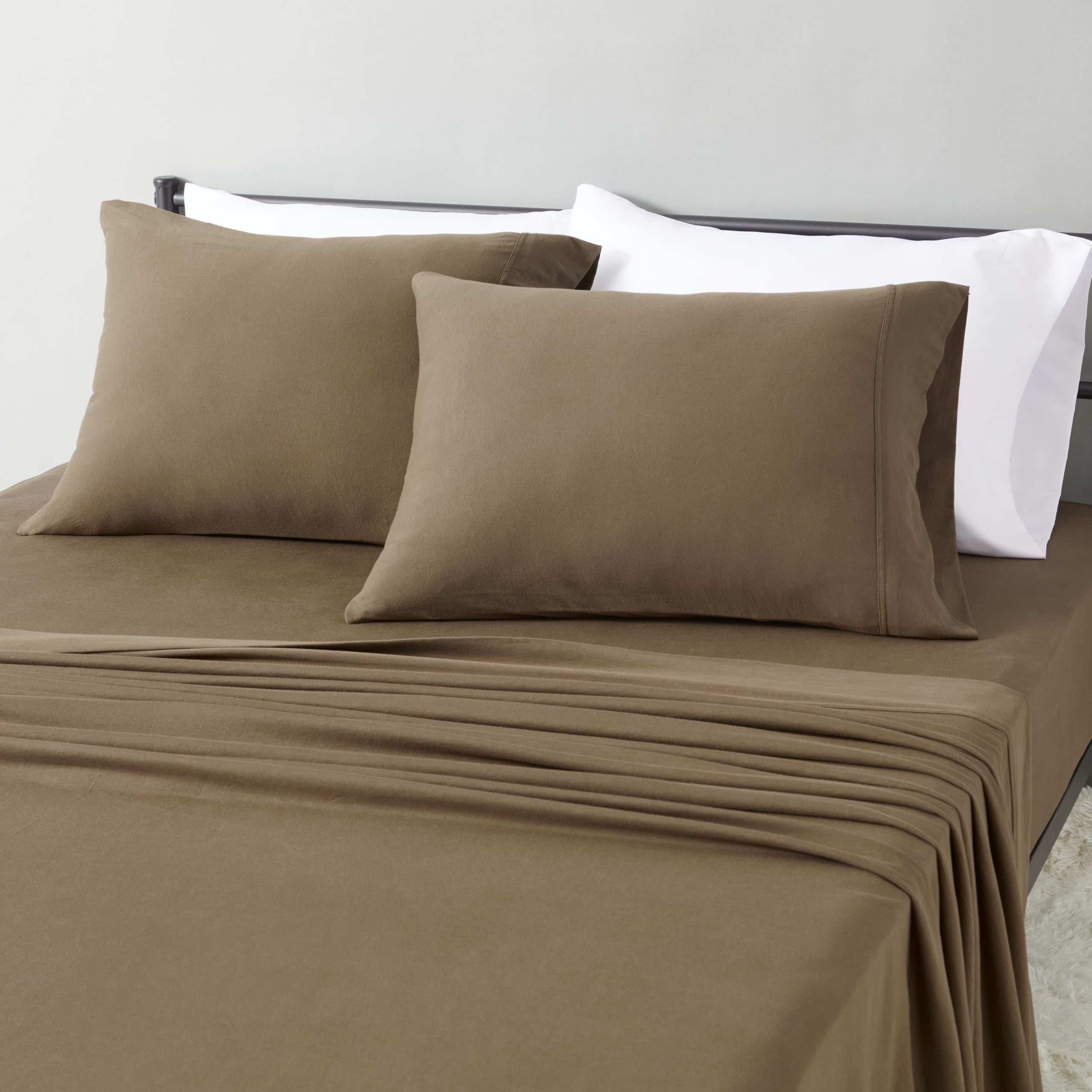 Photo 1 of Amazon Basics 100% Cotton Jersey Bed Sheet Set, Queen, Brown, Solid