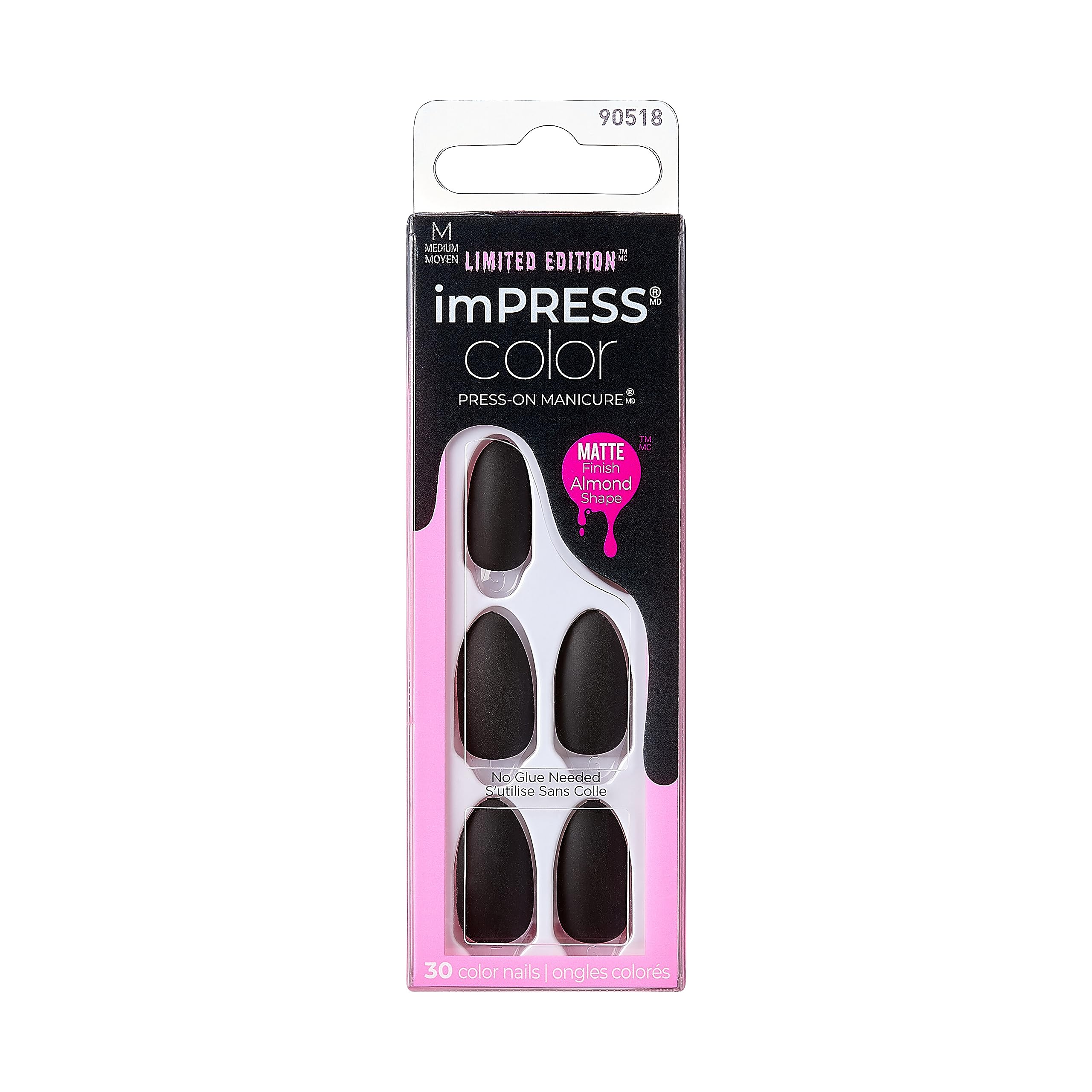 imPRESS Color Press-On Nails, Halloween, No Glue Needed, Black, Medium Almond, 33 Ct.