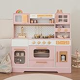 Wooden Play Kitchen for Kids, Pretend Play Toy Kitchen Set (Ages 3+) Pink | Real Lights and Sounds, Clicking Knobs, Open Shelves and 15 Accessories Bring Cooking, Serving and Cafe Role-Play to Life