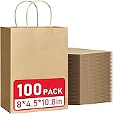 VPACKDUO 100 Pcs Gift Bags 8x4.5x10.8 Brown Kraft Paper Bags with Handles Bulk for Wedding, Party Favors, Grocery, Shopping, Retail Merchandise, Gift Sacks