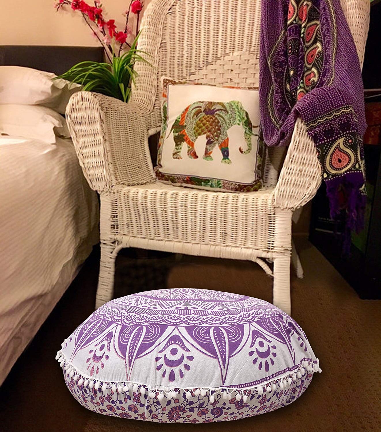 32 Purple Mandala Round Floor Pillow Cover Cotton Ombre Diya Bati