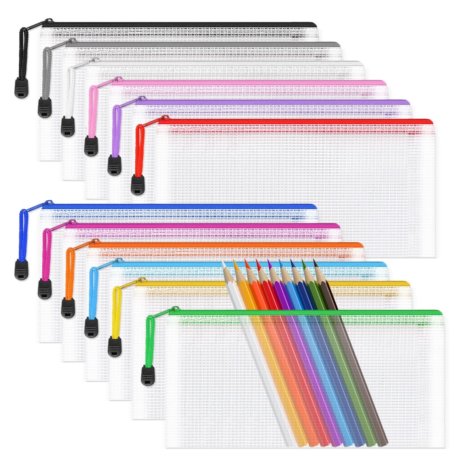 A6 Mesh Pencil Pouch Zipper File Bags,12PCS Clear Pencil Case Plastic Wallets Folders Waterproof Storage Pouch for School Supplies, Bills, Cosmetics, Stationery and Travel Accessories,12 Colours