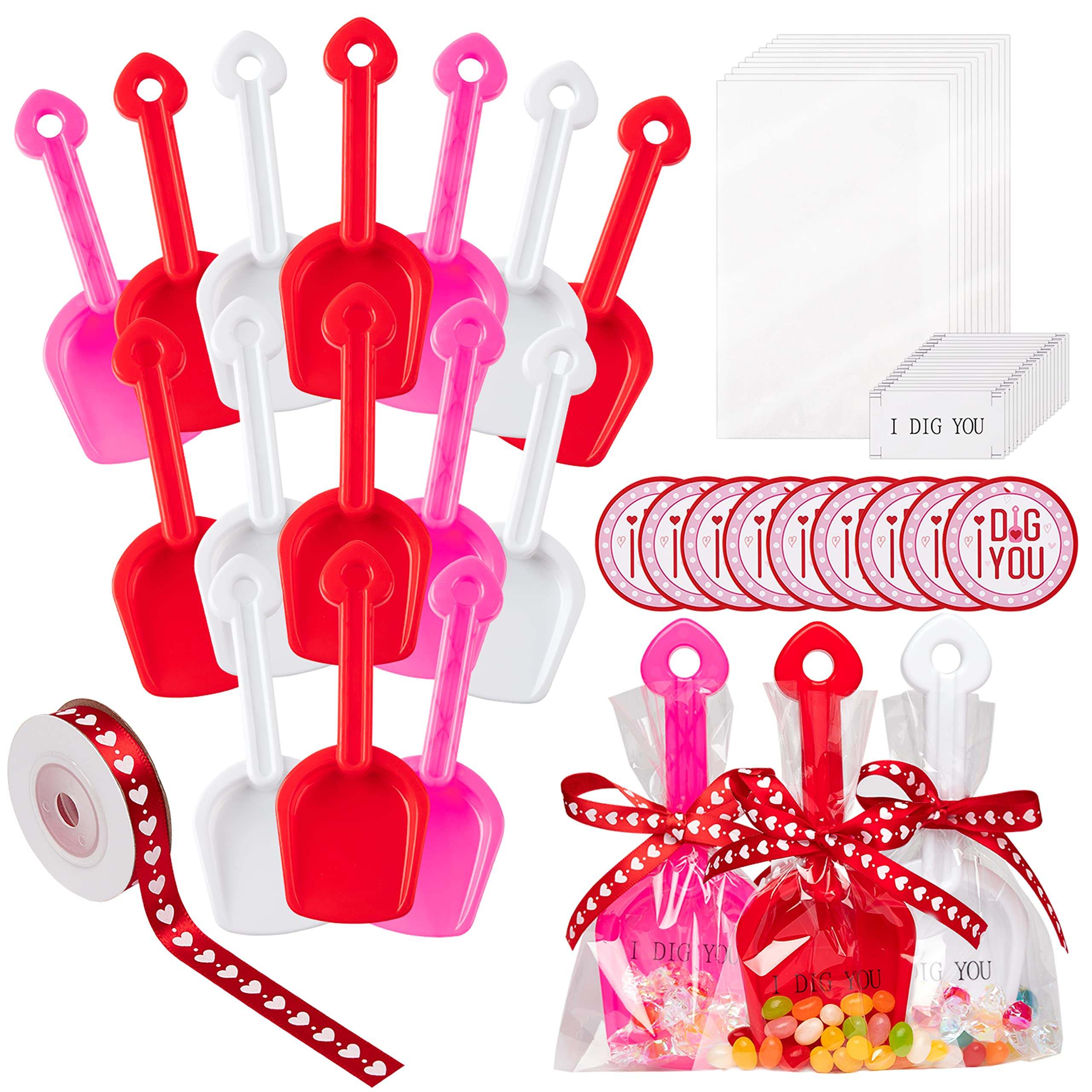 Haooryx Valentine's Day Shovels Toy Gift Set - Plastic Shovel Toy White Red Pink Mini Sand Scoop Shovel Toys Valentines Party Gift 18Set Shovels I Dig You Stickers Labels Clear Bags and 1 Heart Ribbon