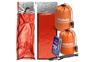 Wallaby 2-Pack Emergency Mylar Sleeping Bags with Nylon Pouches, Whistle Pull & Paracord with Carabiners, Free Survival Guide
