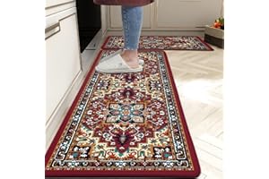 CHIINVENT Boho Kitchen Rug Set of 2 Red Bohemian Farmhouse Anti-Fatigue Kitchen Mats Vintage 0.4 Inches Thick Rubber Comfort Standing Rugs and Mats for Kitchen Sink Laundry Home Decor, 17.3 x 28+17.3 x 47 Inch