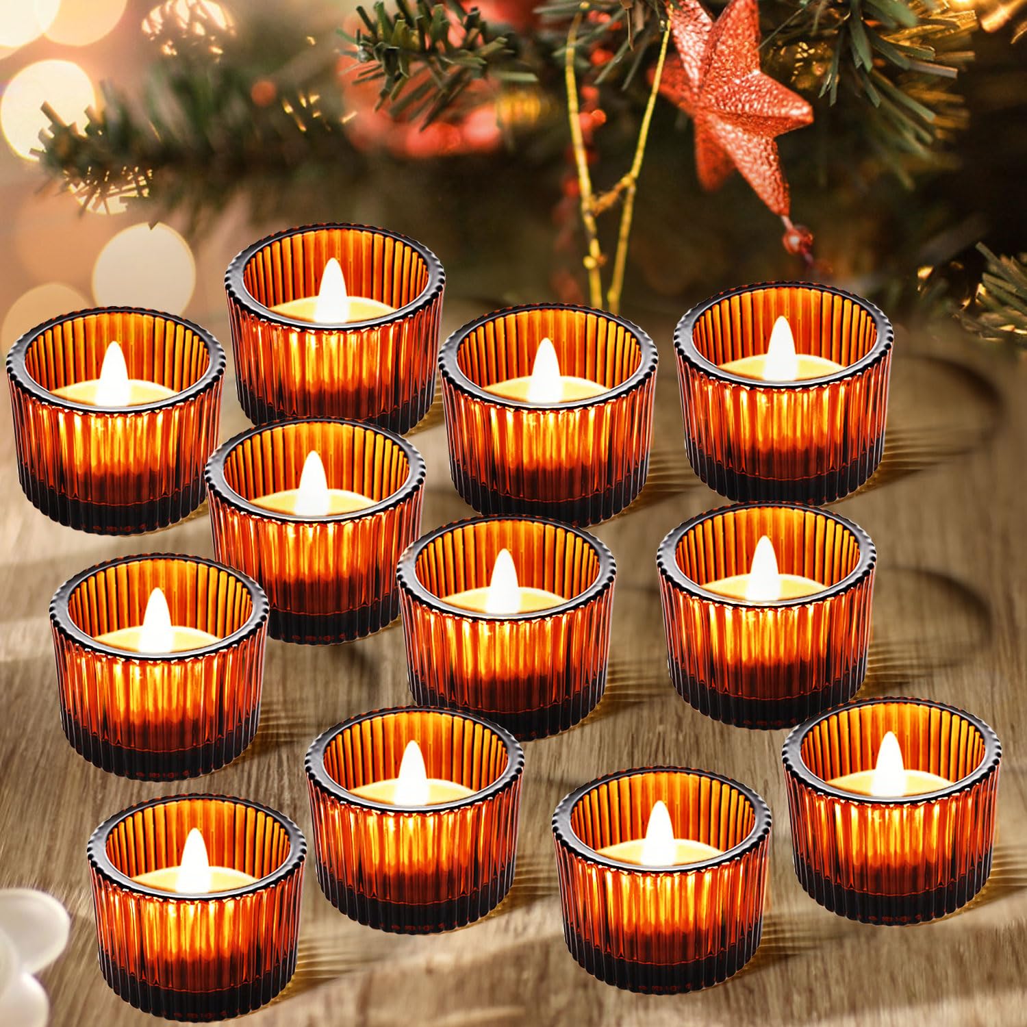 Photo 1 of JOYIT Amber Votive Candle Holders Bulk Set of 12, Tealight Candle Holder for Wedding Table Centerpiece, Glass Small Candle Holders for Birthday Party, Valentine's Day, Home Decor (2''X 1.4'')