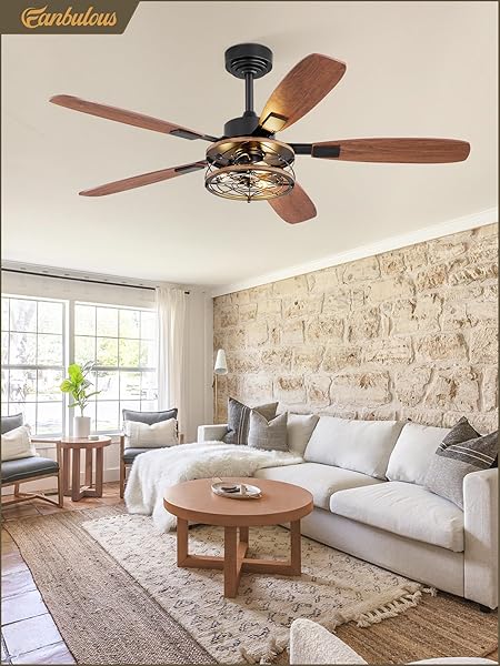 52 INCH FARMHOUSE CEILING FAN WITH LIGHT AND REMOTE, BLACK INDUSTRIAL CAGED FLUSH MOUNT CEILING FANS WITH 6 SPEED REVERSIBLE MOTOR AND DUAL FINISH 5 BLADES, RUSTIC CEILING FAN FOR LIVING ROOM, BEDROOM