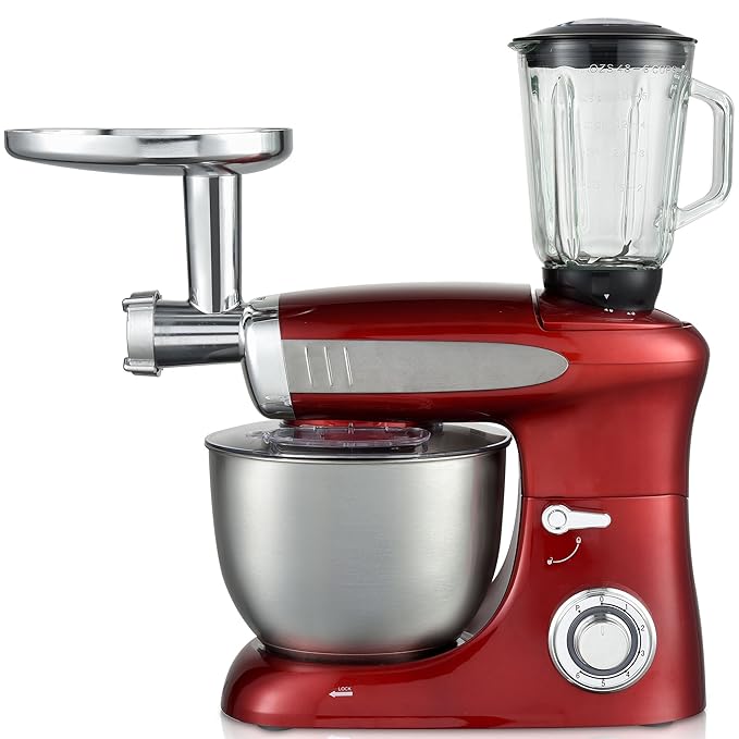 Syntrox Germany KM-1300W Red de Luxe Küchenmaschine Knetmaschine Mixer mit Fleischwolf, Edelstahl-Behälter, 6,5 Liter, rot