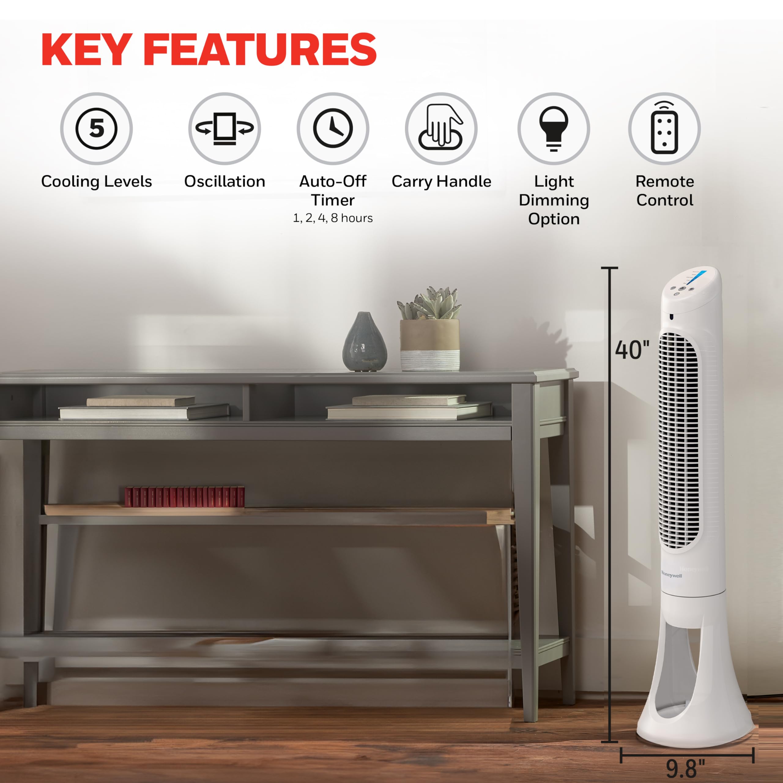 Honeywell QuietSet Whole Room Oscillating Tower Fan with Remote, White, HYF260