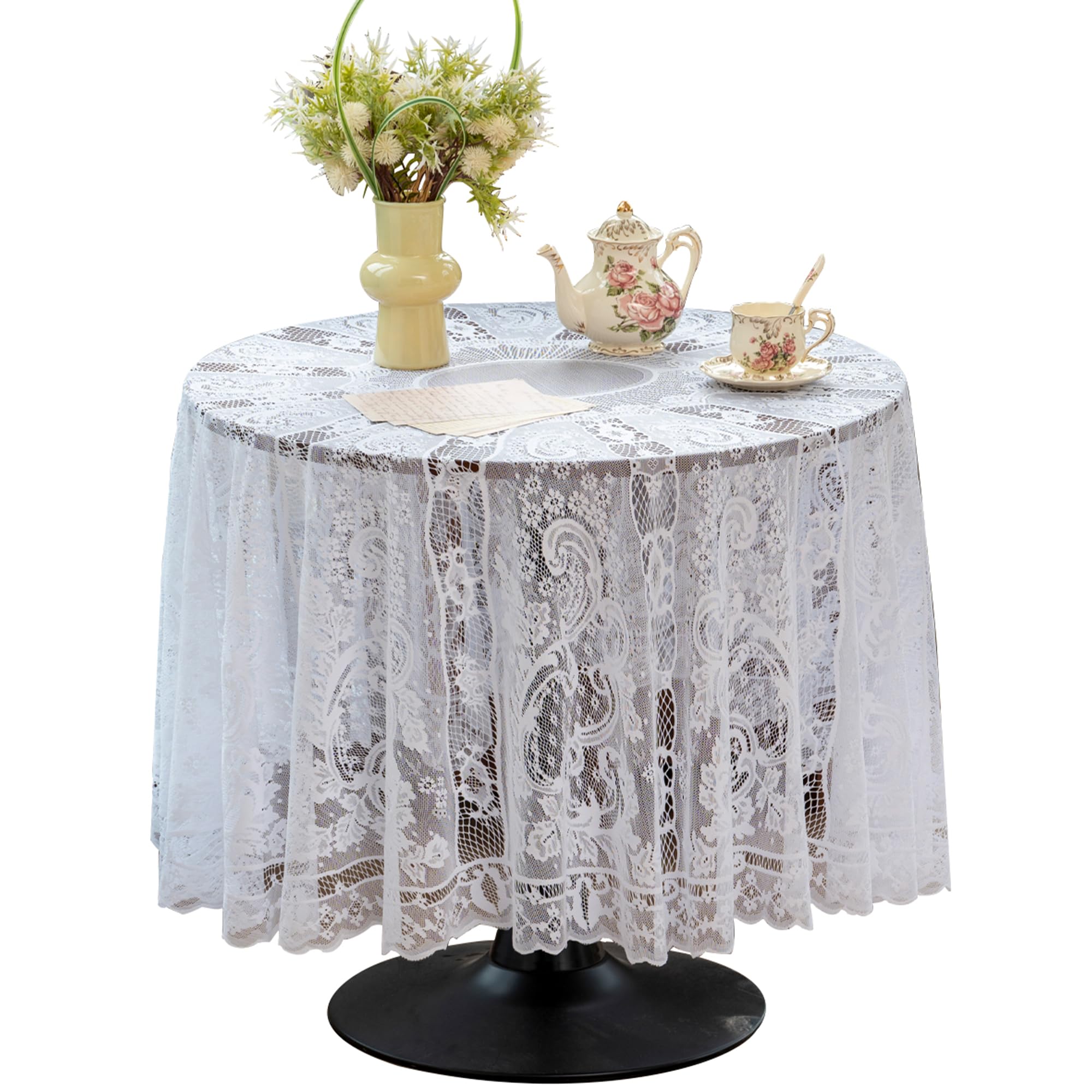 Photo 1 of Jayla White Lace Round Tablecloth 72 Inches Daisy Flower Embroidered Wedding Table Cloths for Summer Outdoor Party Reception, Dinner Party, Baby Shower, Tea Decorations, Home Decor