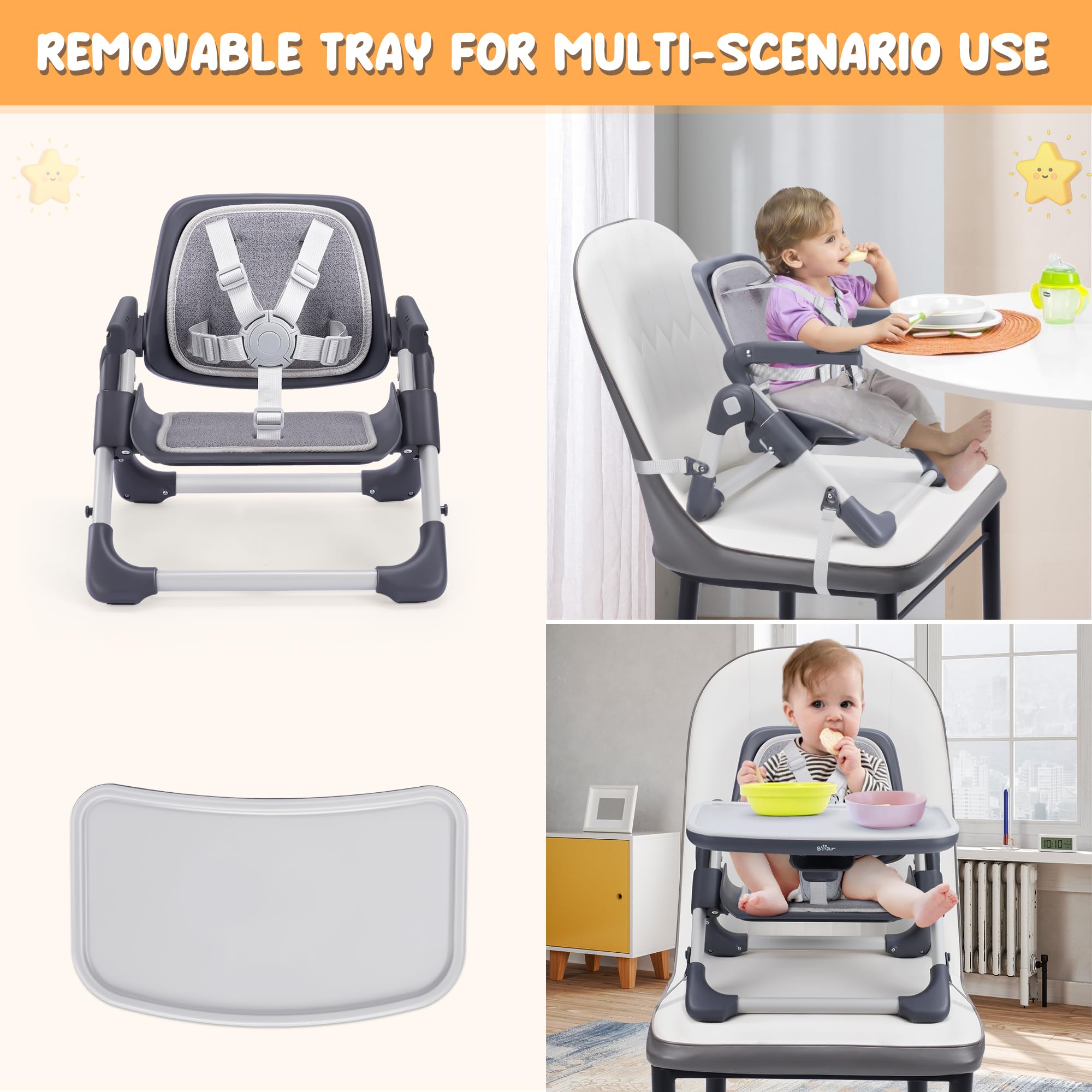 Bear Booster Seat for Kitchen Chairs, Portable High Chair for Babies 6–24 Months, Adjustable 3-Level Foldable Booster with Removable Tray, Ideal for Home, Outdoor, Camping, and Travel