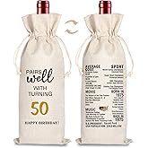 50th Birthday Wine Bag Gift, 50 Years Old Gift Idea, Personalized birthday wine Bag, Fifty Birthday Gift for Women Men, 50th Birthday Party Favors, Pairs Well With Turning 41 Birthday (Beige- 50th)