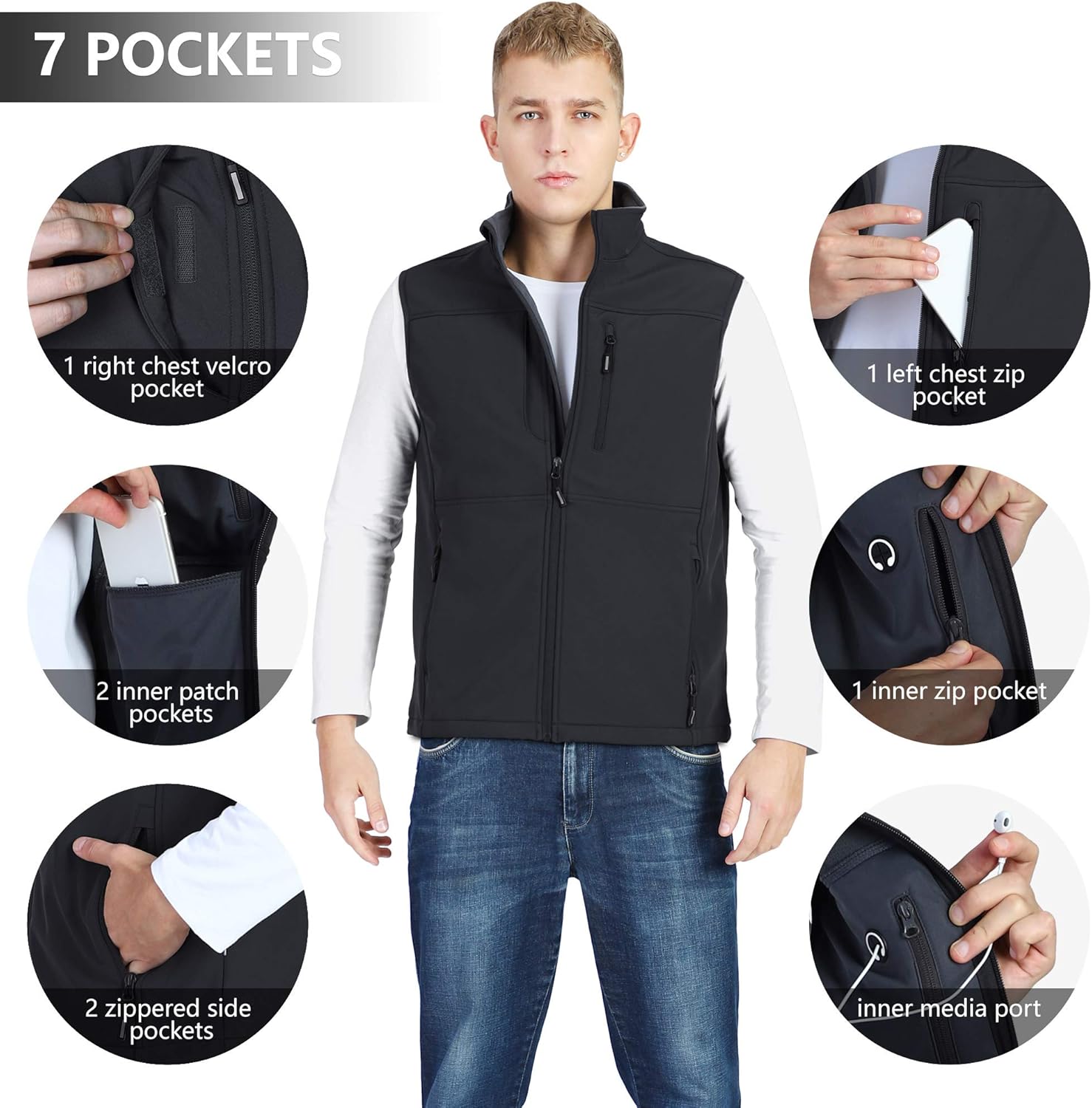 Outdoor Ventures Men's Running Vest Outerwear, Lightweight Windproof Fleece-Lined Softshell Sleeveless Jacket for Golf: Clothing