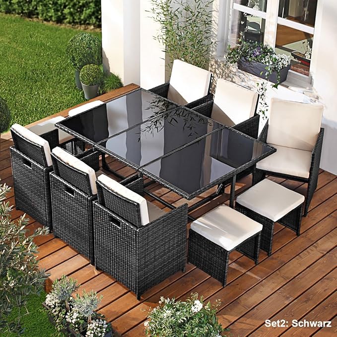 Polyrattan Gartenmöbelset Camouflage 11tlg Schwarz Poly Rattan Sitzgarnitur Gartenmöbel Garten-Garnitur Gartenset Sitzgruppe 