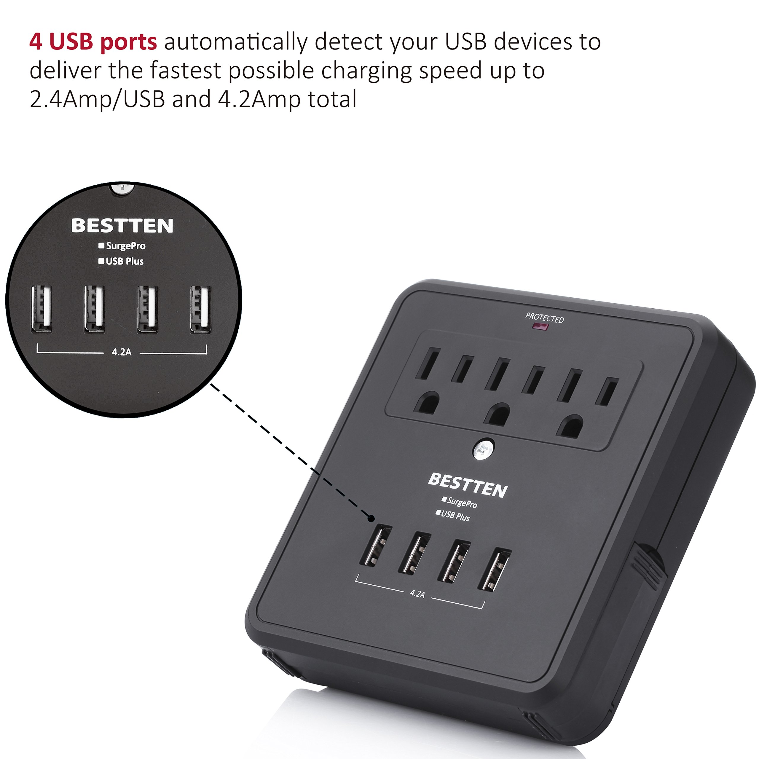 Bestten Multi Outlet Wall Adapter Surge Protector with Four (4) USB
