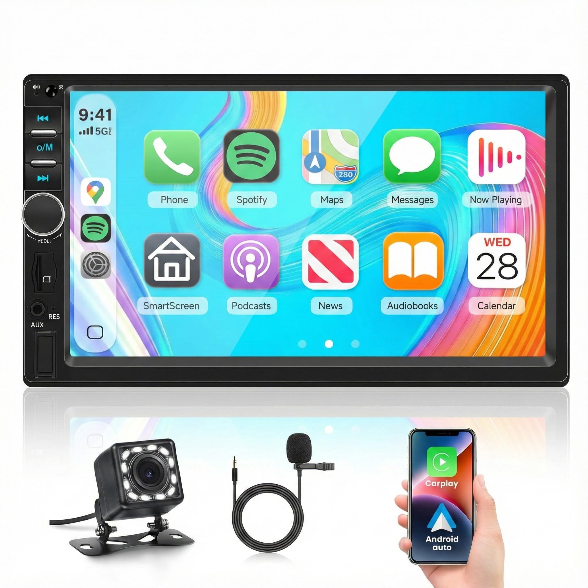 Rimoody Double Din Carplay Car Stereo Android Auto, 7 Inch 2 Din HD Touchscreen Car Radio with Wired Car Play Android Auto Mirror Link, Backup Camera, Bluetooth, FM, EQ SWC/USB/TF/AUX Remote Control