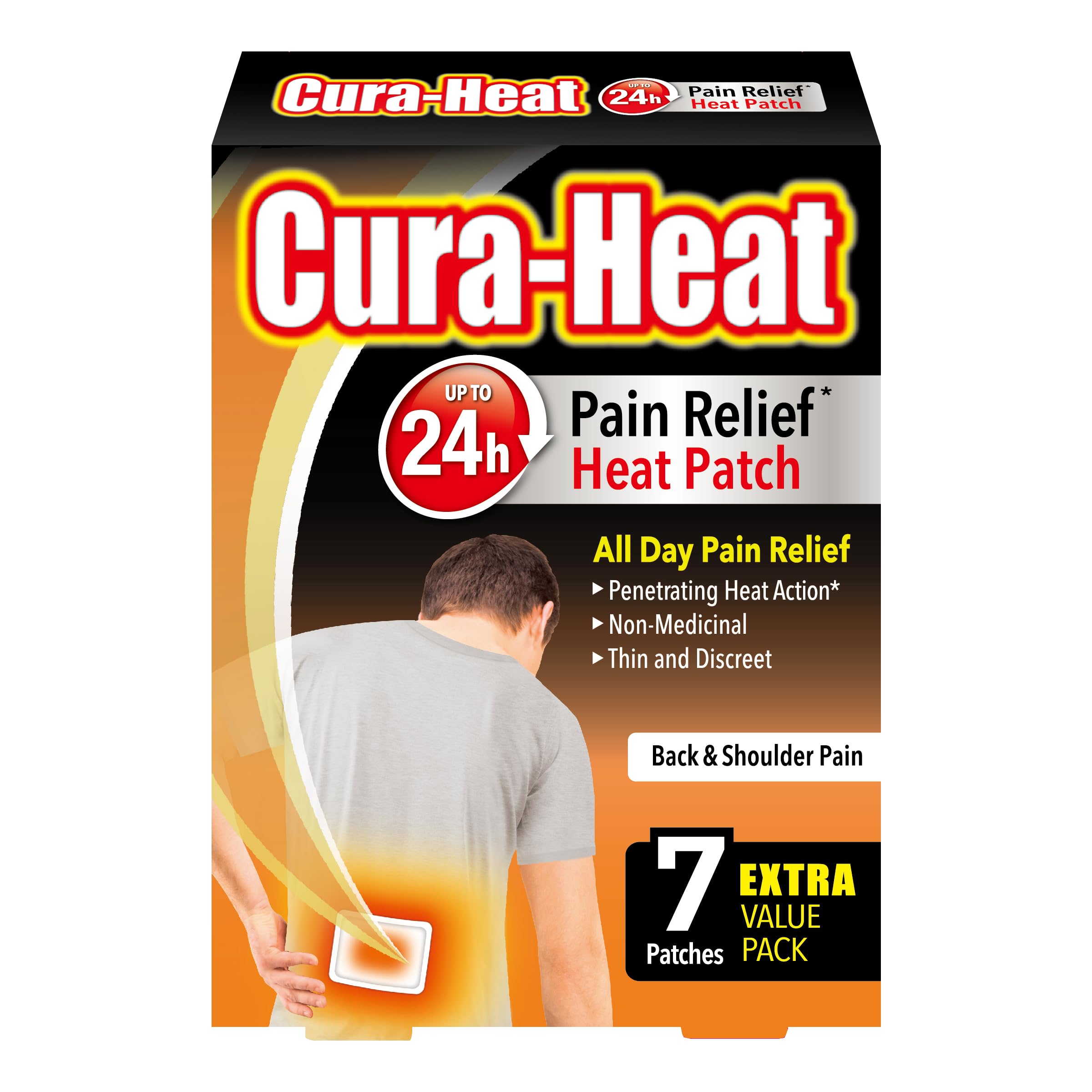 Cura-Heat Back and Shoulder Pain Heat Patch | 7 Patches | Targeted Pain Relief | Pain Relief up to 24h | Penetrating Heat Action