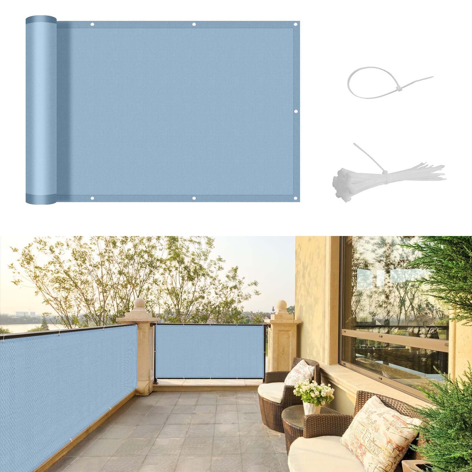 SUNNY GUARD Balcony Privacy Screen 90x600cm Fence Screen for Balcony and Patio Cover,UV protection waterproof and windproof,with Cable Ties,Blue Grey