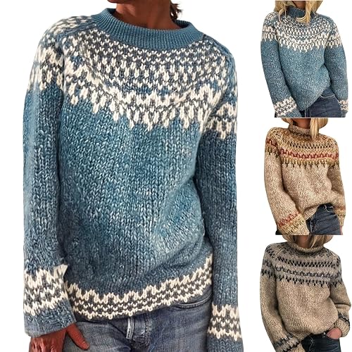 Fairisle Jumpers for Women UK Fashion Turtleneck Icelandic Jumpers for Women Winter Warm Fleece Pullover Sweaters Casual Long Sleeves Lightweight Knitted Sweater Loose Comfort Cashmere Jumper