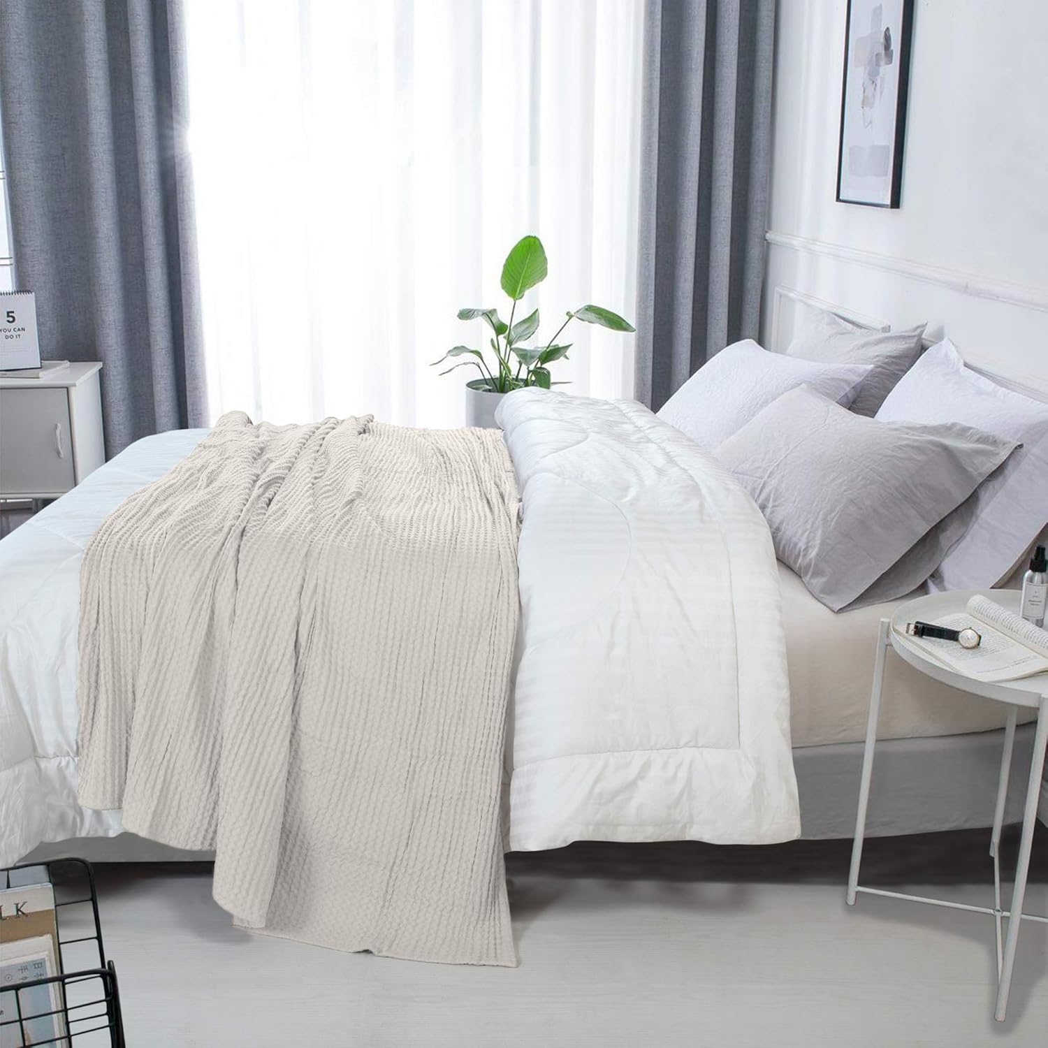 HILLFAIR 100% Combed Cotton Blanket– Twin Size Bed Blankets– Warm Soft All Season Breathable Lightweight Summer Blankets– Waffle Weave Home Decor Bed Blanket- Ivory Twin Bed Cotton Blankets/Bedcovers: Home & Kitchen