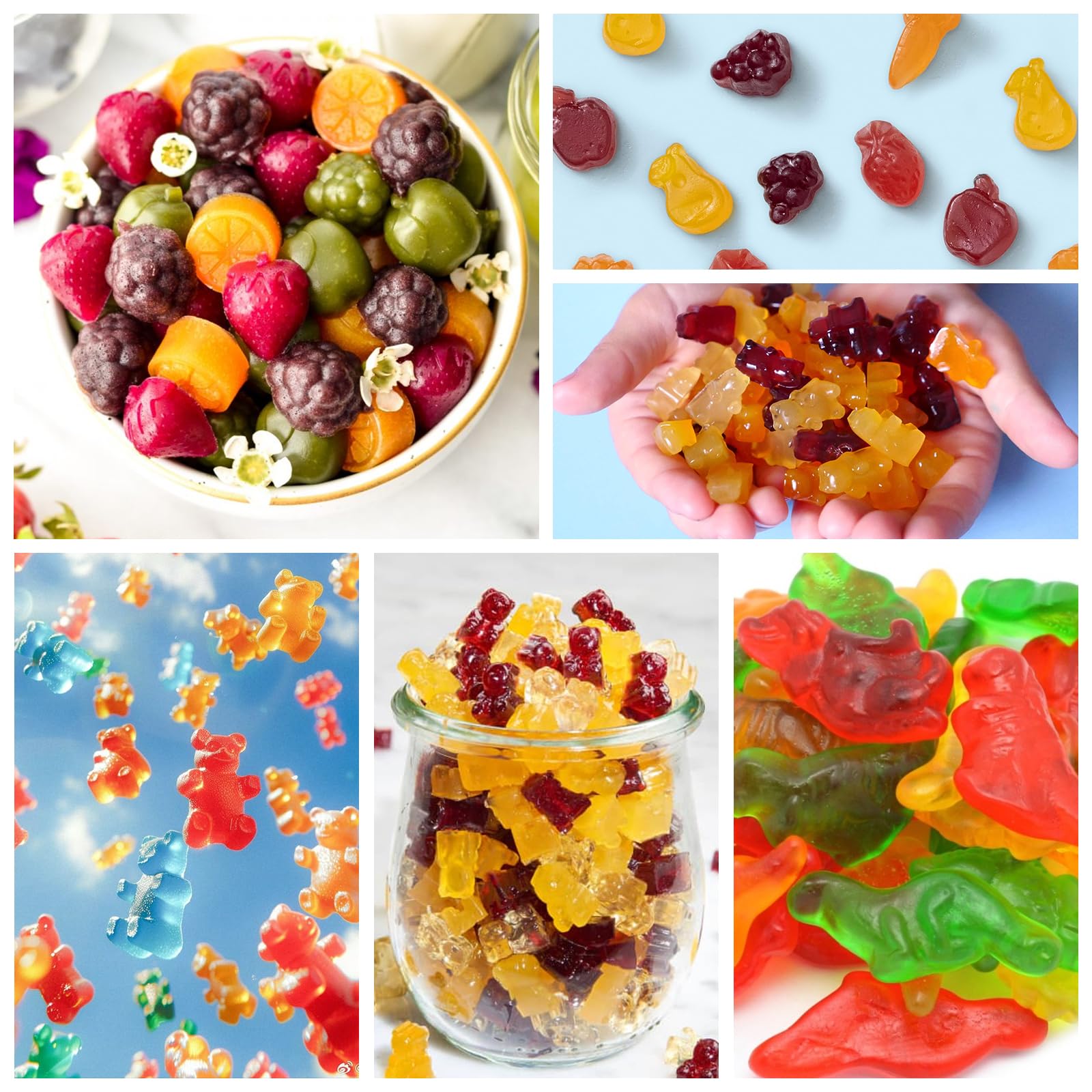 Gummy Candy Molds - Silicone Mini Gummy Bear/Dinosaur/Fruit Snack Molds for Kids With 2pcs Dropper,Non-stick and Bpa Free for Candy Chocolate Gummies Baking